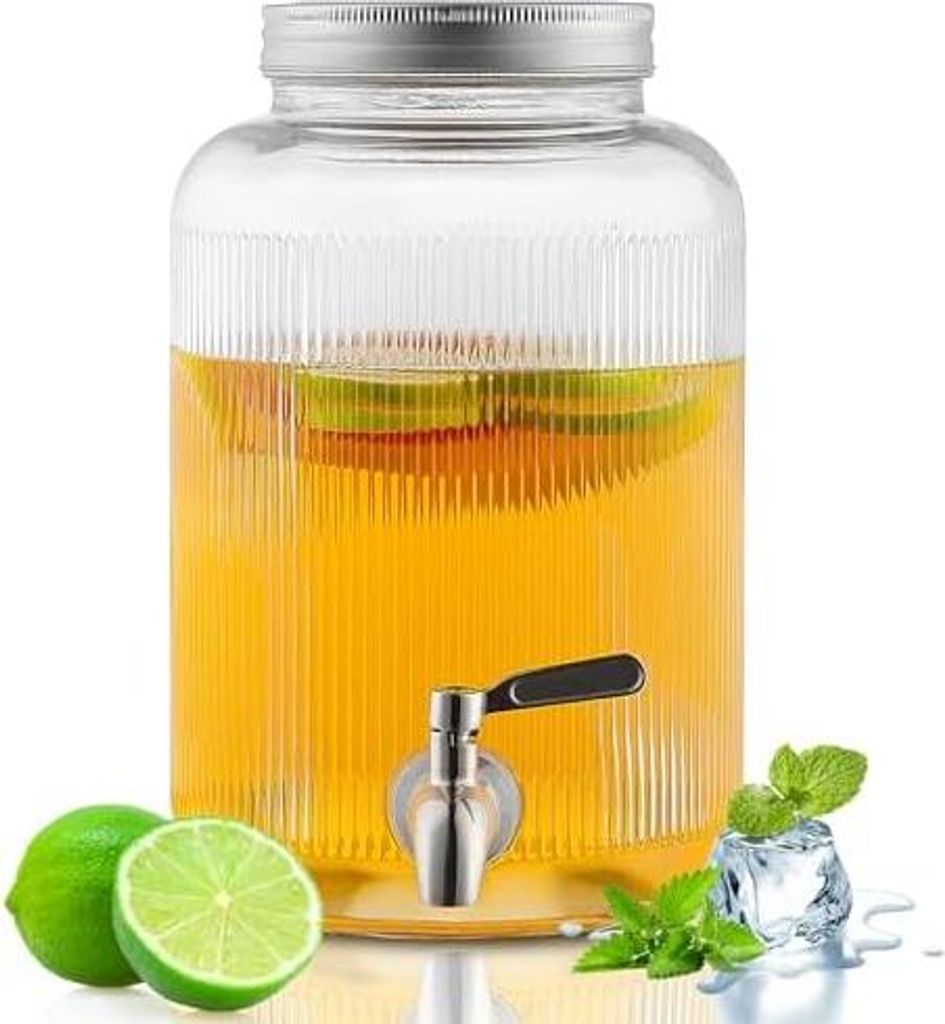 Evanda Getränkespender aus Glas mit auslaufsicherem Edelstahlhahn, 4L Eisspender, Getränkespender für Früchteteekanne zur Herstellung von Eiste...