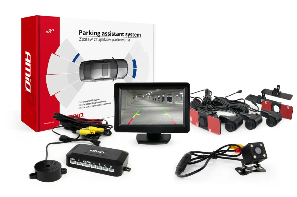 AMiO Parking assistant TFT01 4,3" con telecamera HD-315-LED a 4 sensori nero per interni