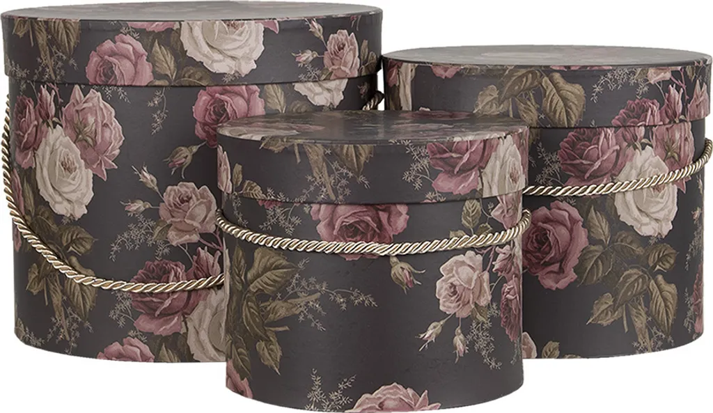 Clayre & Eef Boîte à chapeaux 3 pièces Ø 23x20 cm Noir Rose en Carton