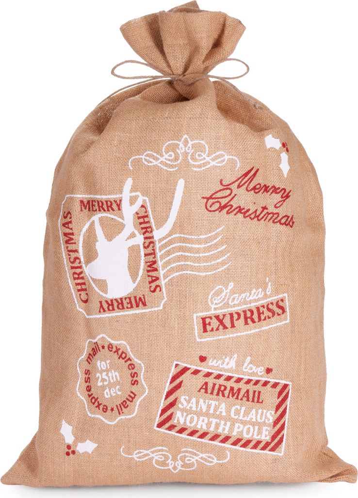A burlap Santa sack with Christmas-themed stamps and text.