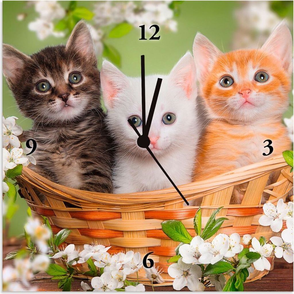 ARTland Wanduhr auf Alu Funkuhr - schwarzer Zeiger Katzen sitzen in einem Korb Größe: 30x30 cm