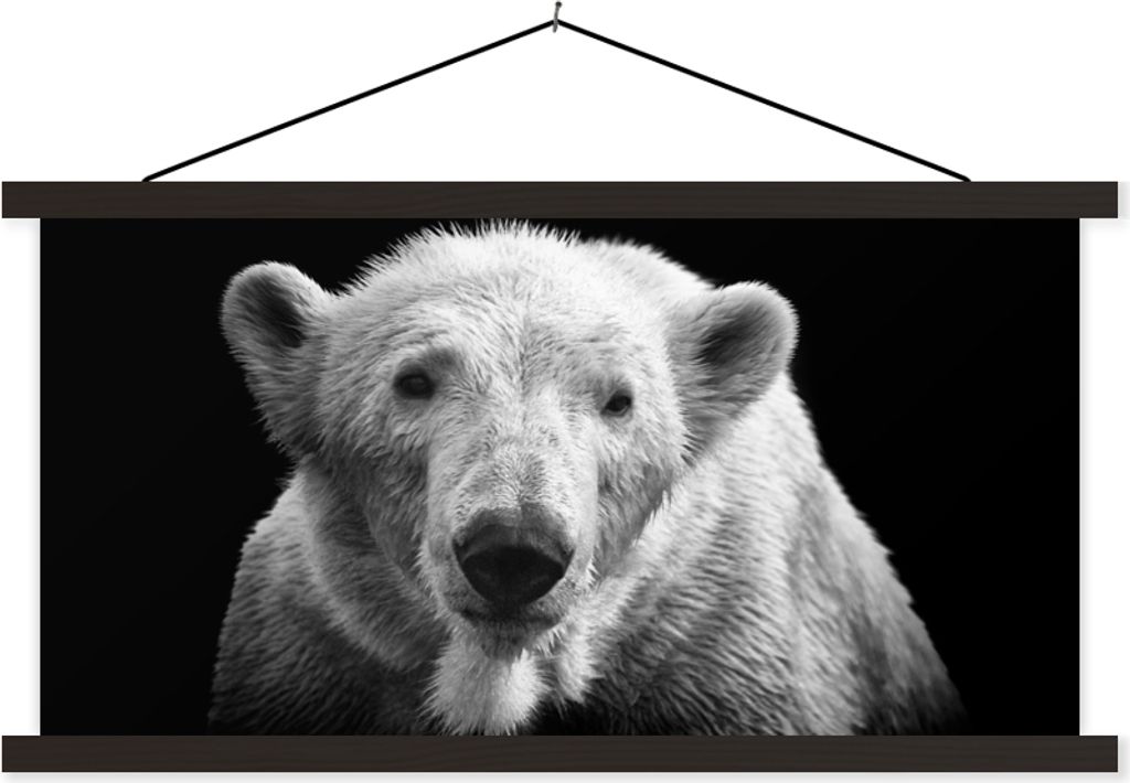 MuchoWow Textilposter Porträt Eisbär auf schwarzem Hintergrund in schwarz und weiß 90x45 cm mit schwarzem Rahmen - Klemmleisten
