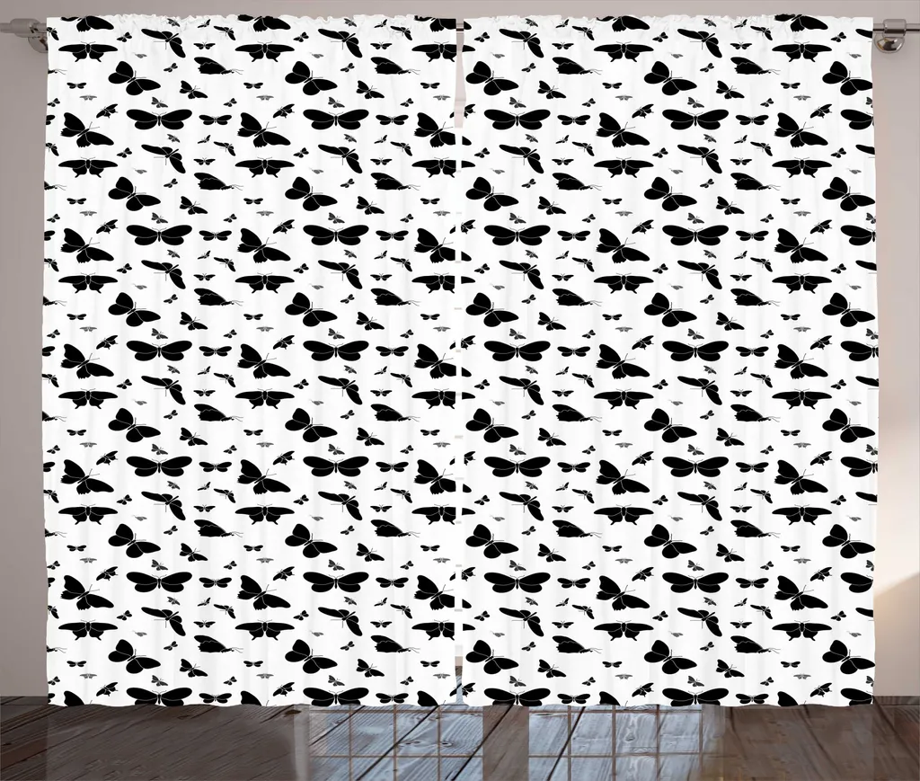 ABAKUHAUS Tenda rustica a farfalla, disegno monocromatico, tenda con passanti e ganci per camera da letto, 280 x 175 cm, bianco e nero