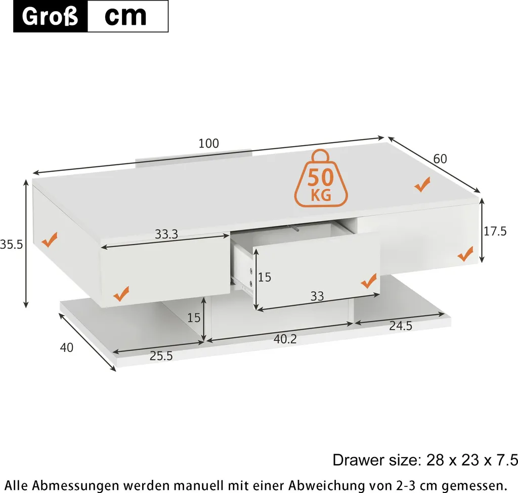 Table de salon moderne 100cm laquée blanche avec rangements doubles