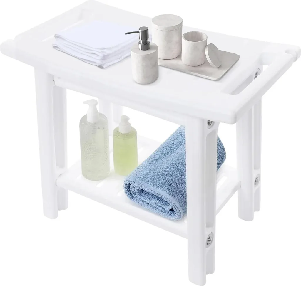 Sgabello Doccia Plastica Bianco Pieghevole | Panca con Ripiano 70kg