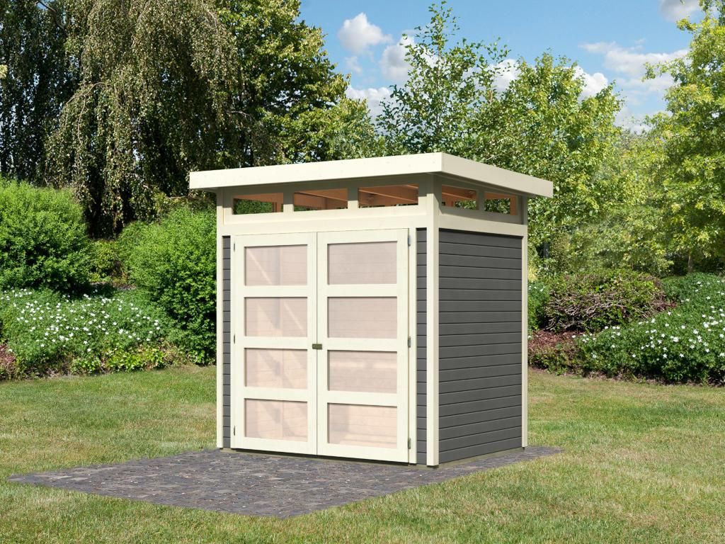 KARIBU Gartenhaus Sommersdorf 2 in Terragrau, 19 mm starke Fichtenholz Wanddicke, Gartenhaus ohne Anbau, Massivholz Blockbohlenhaus, Wetterschutz L...