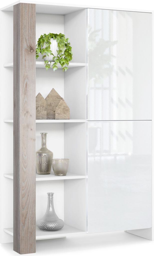 Vladon Highboard Canto, Germany, hoher Schrank mit 2 Türen und 8 Fächern, Korpus Weiß matt, Fronten Weiß Hochglanz, Nachbildung-Paneele Eiche N...