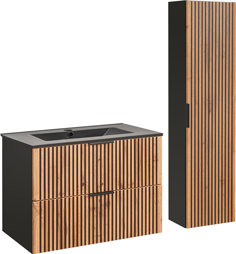 Waschtisch und Hängesäule 80.4cm Gaia mit 2 Schubladen, Eichenoptik und Schwarz
