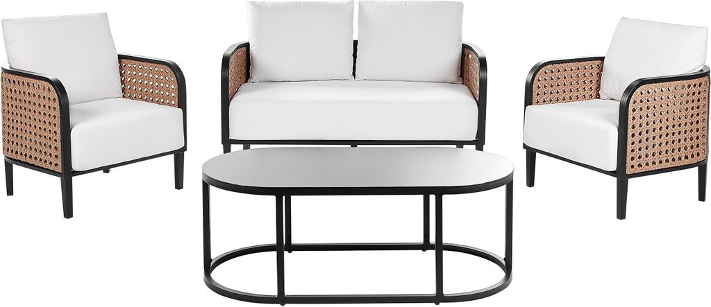 BELIANI Gartenlounge Set mit Tisch 4-Sitzer Schwarz Aluminium Auflagen Cremeweiß Wiener Geflecht Modern Terrasse Balkon Outdoor Gartenzubehör