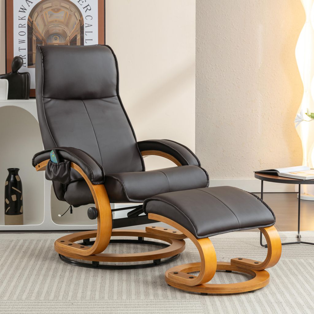 Sweiko Massagesessel mit PolyurethanPolsterung und Ottomane, Fußhocker, 5-Punkt-Massagegerät, Bugholzsockel für Wohnzimmer und Schlafzimmer, Braun