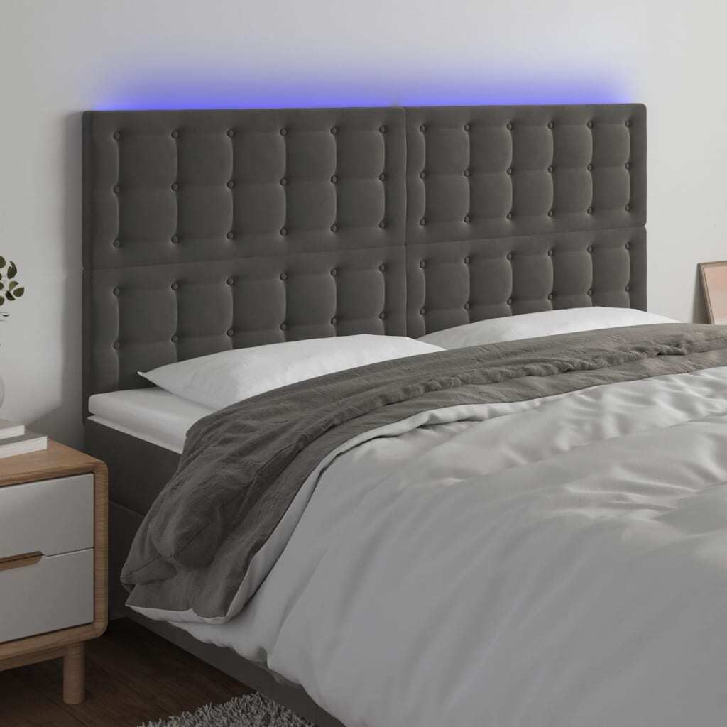 vidaXL LED Kopfteil Dunkelgrau 200x5x118/128 cm Samt - LED Kopfteil - LED Kopfteile - Kopfteil - Bett-Kopfteil