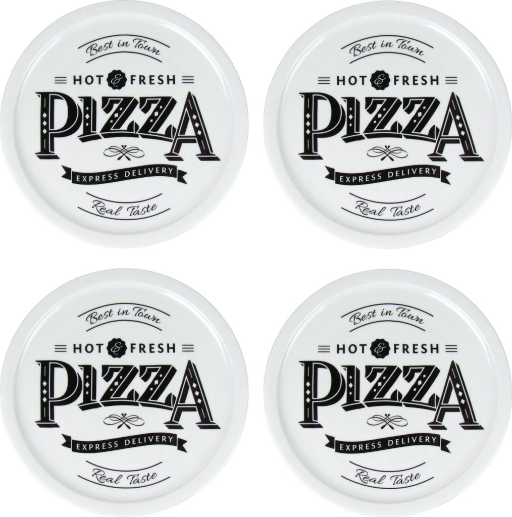4 Stück Cosy & Trendy Pizzateller Ø 31cm aus Porzellan mit Retro Pizza Schriftzug