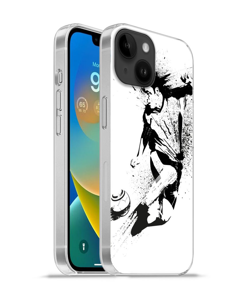 MuchoWow Handyhülle Schutzhülle Hülle für Apple iPhone 14 - Softcase Eine Illustration einer Person, die einen Fußball in Richtung Tor schie...