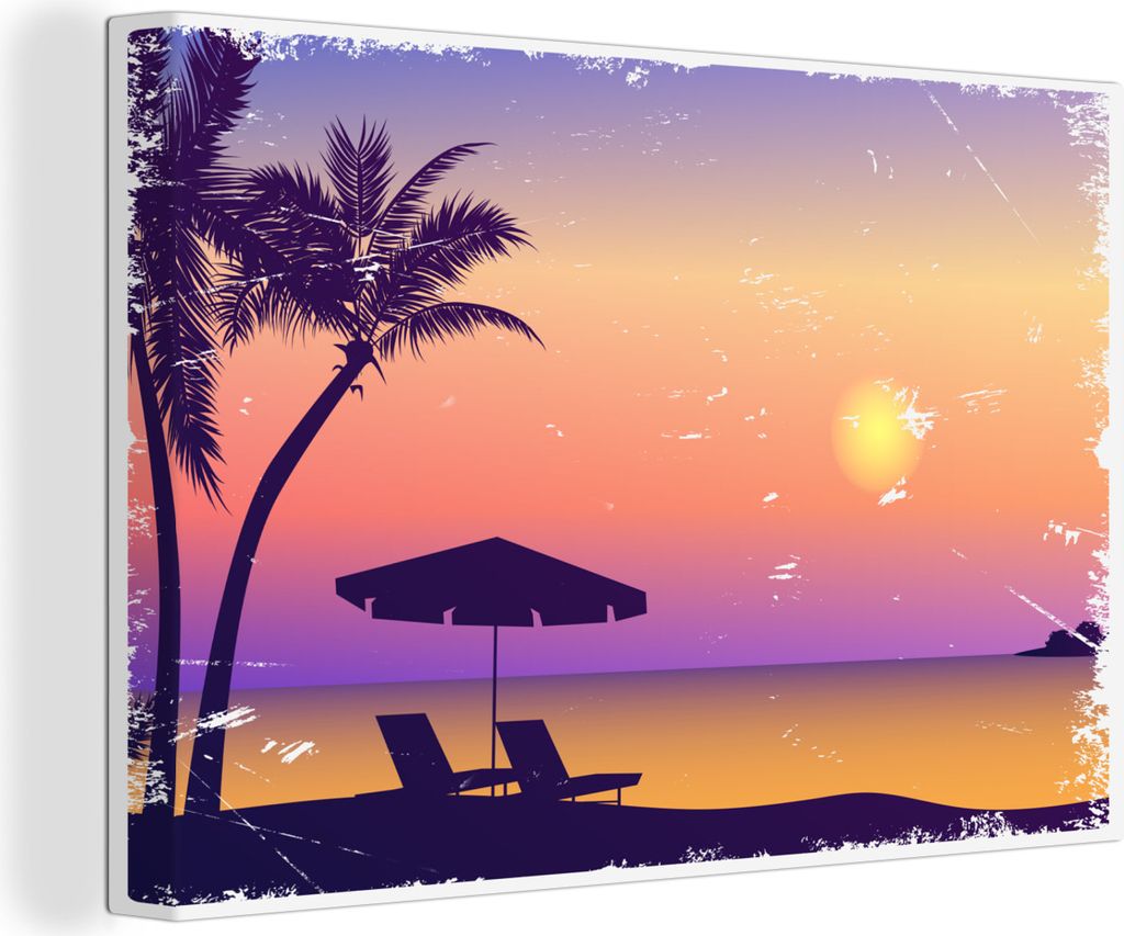 OneMillionCanvasses - Leinwandbilder - 150x100 cm, Strand - Stuhl - Sonnenschirm - Nacht, Wandbilder Kunstdruck Wanddekoration