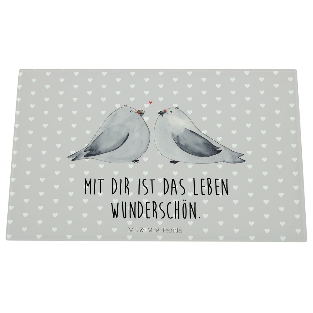 Mr. & Mrs. Panda Glas Schneideplatte Turteltauben Liebe - Grau Pastell - Geschenk, Schneidplatte, Glasschneidebrett, Hochzeitstag, Freundin, Tauben...