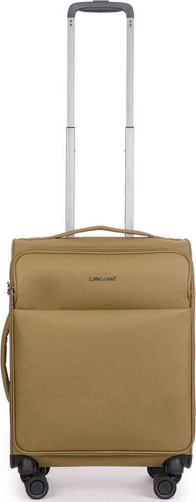 A studio shot of a carry-on suitcase.