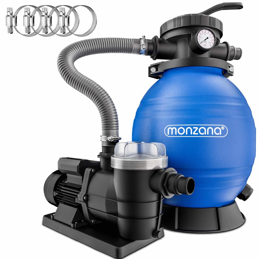 MONZANA Sandfilteranlage SF96K 9600L/h bis 30.000L Pool Selbstansaugend 400 Watt 2in1 Adapter Ø32–38mm 7Wege Ventil Sandfilterpumpe Poolfilter