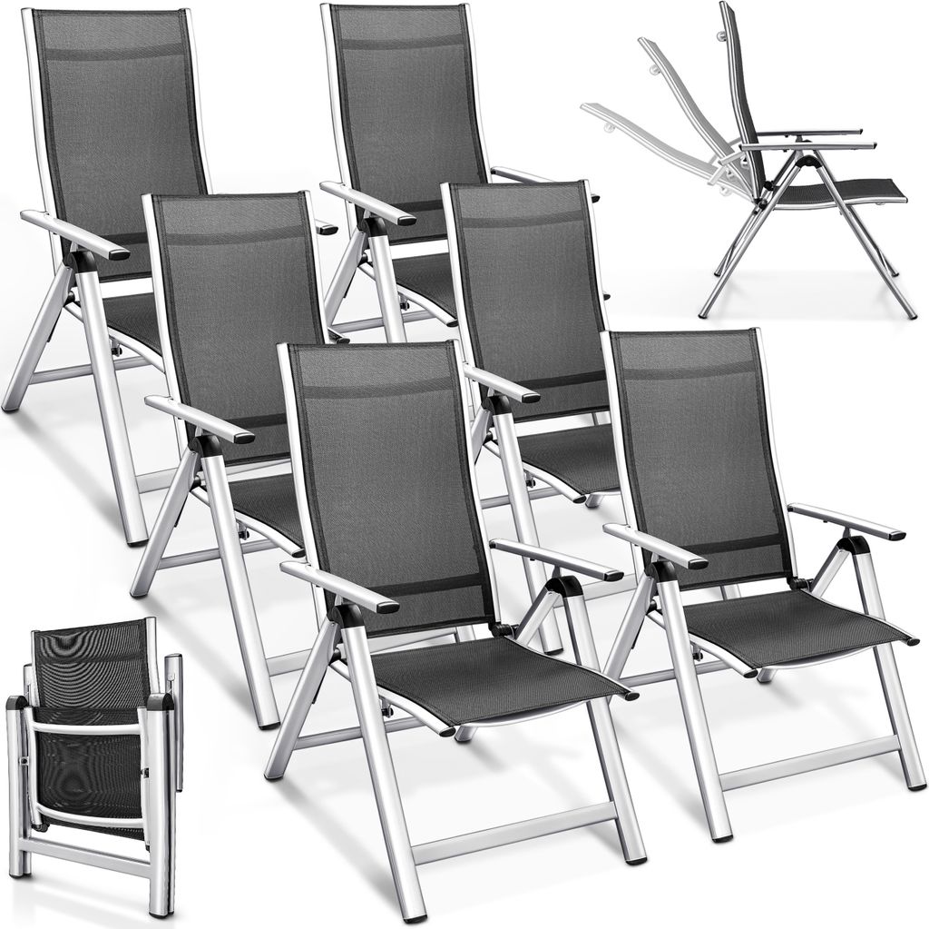 A set of six folding garden chairs.