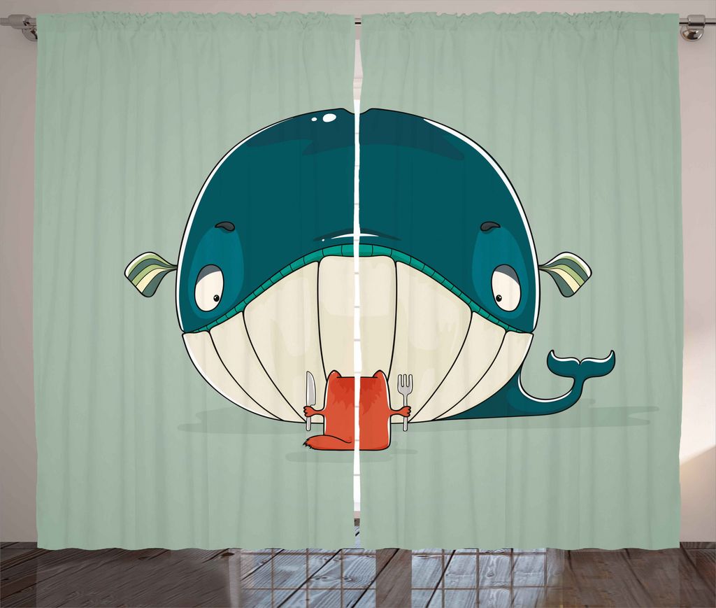 ABAKUHAUS Walfisch Rustikaler Gardine, Kätzchen Essen Große Fische, Schlafzimmer Kräuselband Vorhang mit Schlaufen und Haken, 280 x 175 cm, Almo...