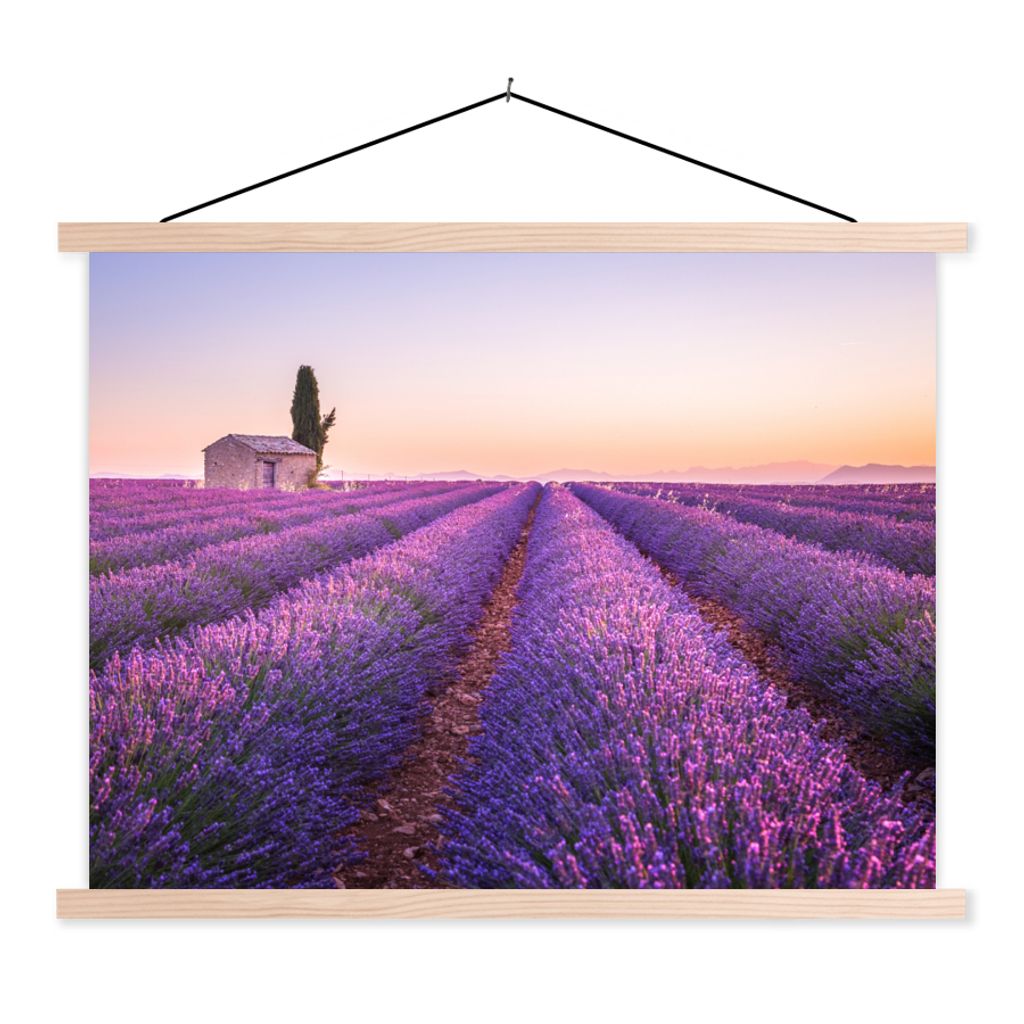 MuchoWow Textilposter Lavendel - Sonnenuntergang - Lila - Blumen 60x45 cm mit holzfarbenen Rahmen - Bild