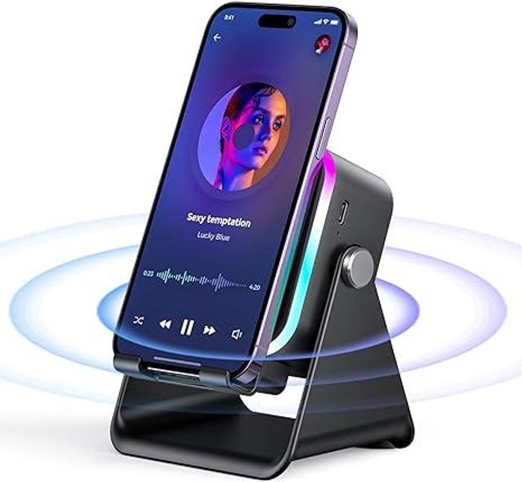 Kabelloser 5-in-1 Bluetooth Lautsprecher mit Handyhalter,5000mAh Akku,7 RGB-Lichteffekten,360° verstellbar,kompatibel mit iPhone/Android/iPad