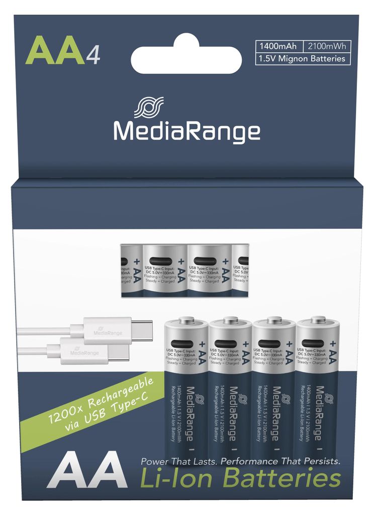 MediaRange Batterie wiederaufl. USB-C Li-ION AA 1,5V  4St Produktbild 