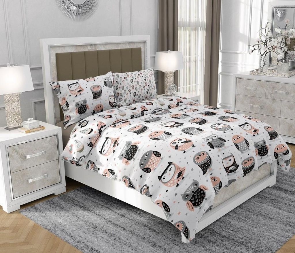 Bettwäsche 200x220 cm + 2x70x80 cm, 3-teilig, 100% Baumwolle, Satin, Reißverschluss, Eule, Bunt - SOVIO | So.9049