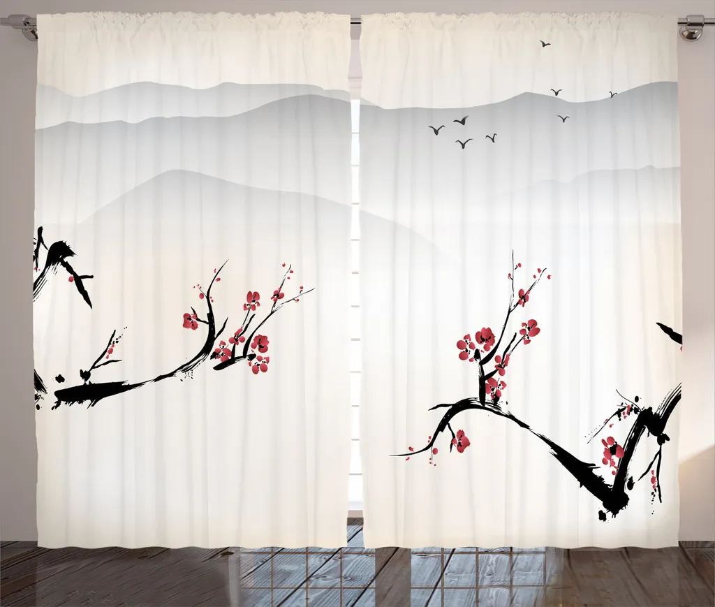 Rideau de Salon Rustique Fleurs de Cerisier 280x225cm avec Crochets