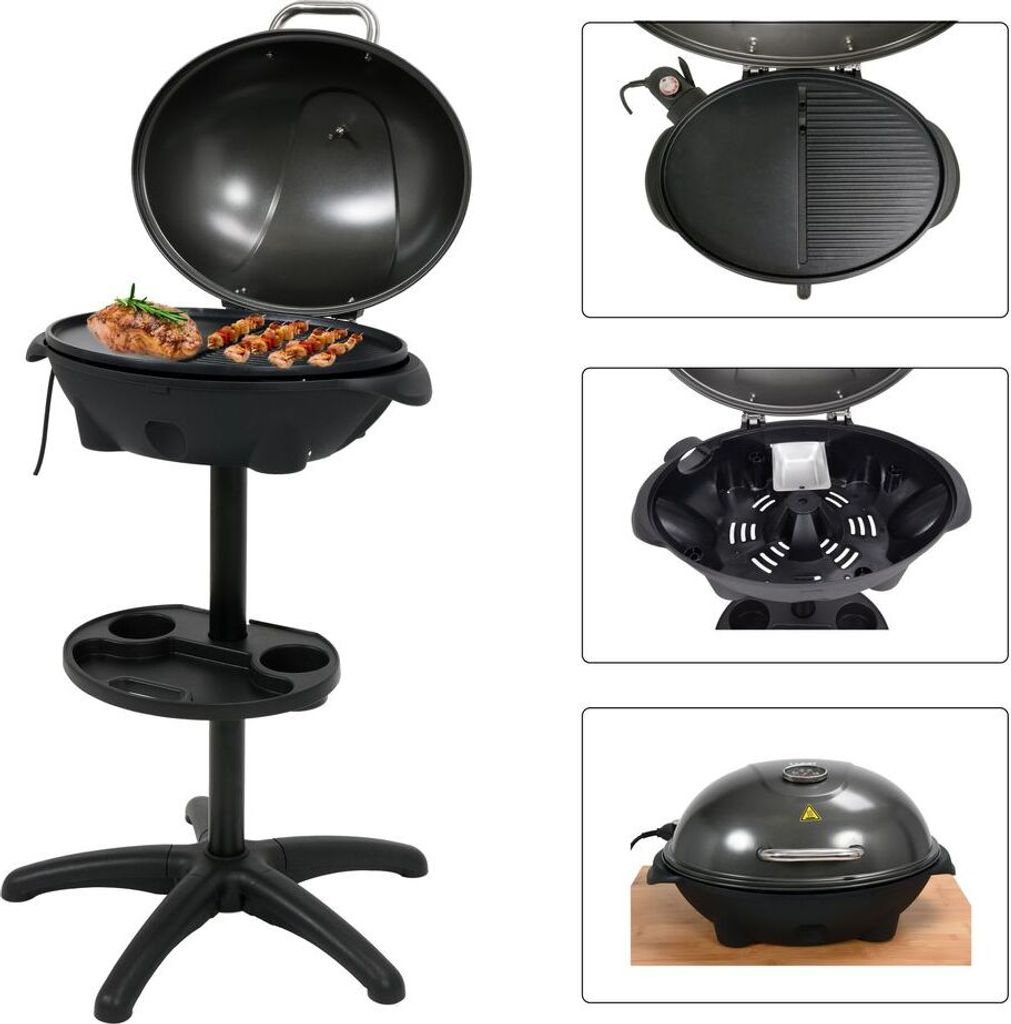 A collage of images showing an electric grill from different angles and with different components.