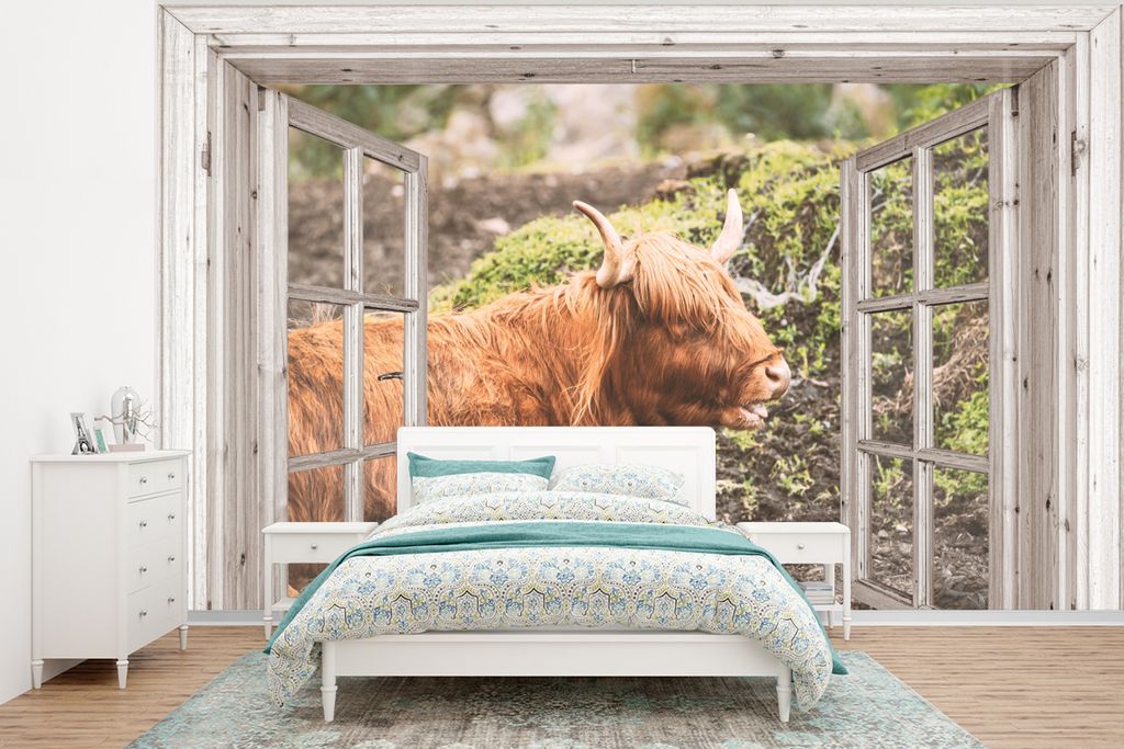 MuchoWow Fototapete für Wohnzimmer oder Schlafzimmer Wandtapete Vinyl Motivtapete Schottischer Highlander - Durchblick - Tier - Natur - 295x220 ...