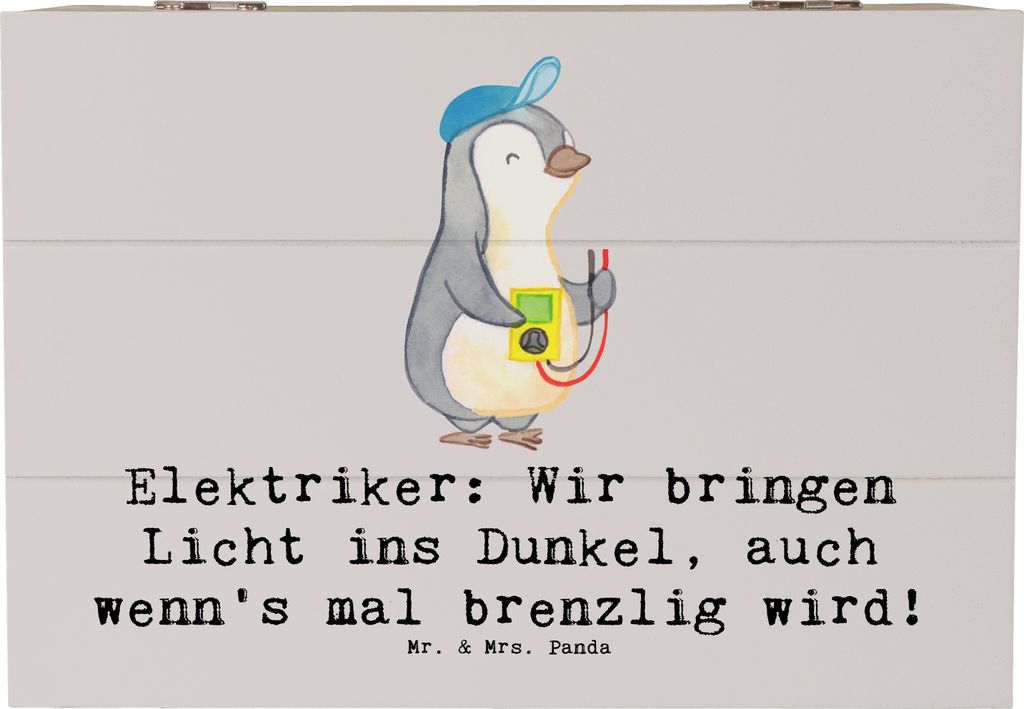 Mr. & Mrs. Panda Schatulle Elektriker Lichtbringer 22 x 15 cm - Grau Pastell - Geschenk, Berufsliebe, Kreativität, Box, Holztruhe, Erinnerungsbox,...