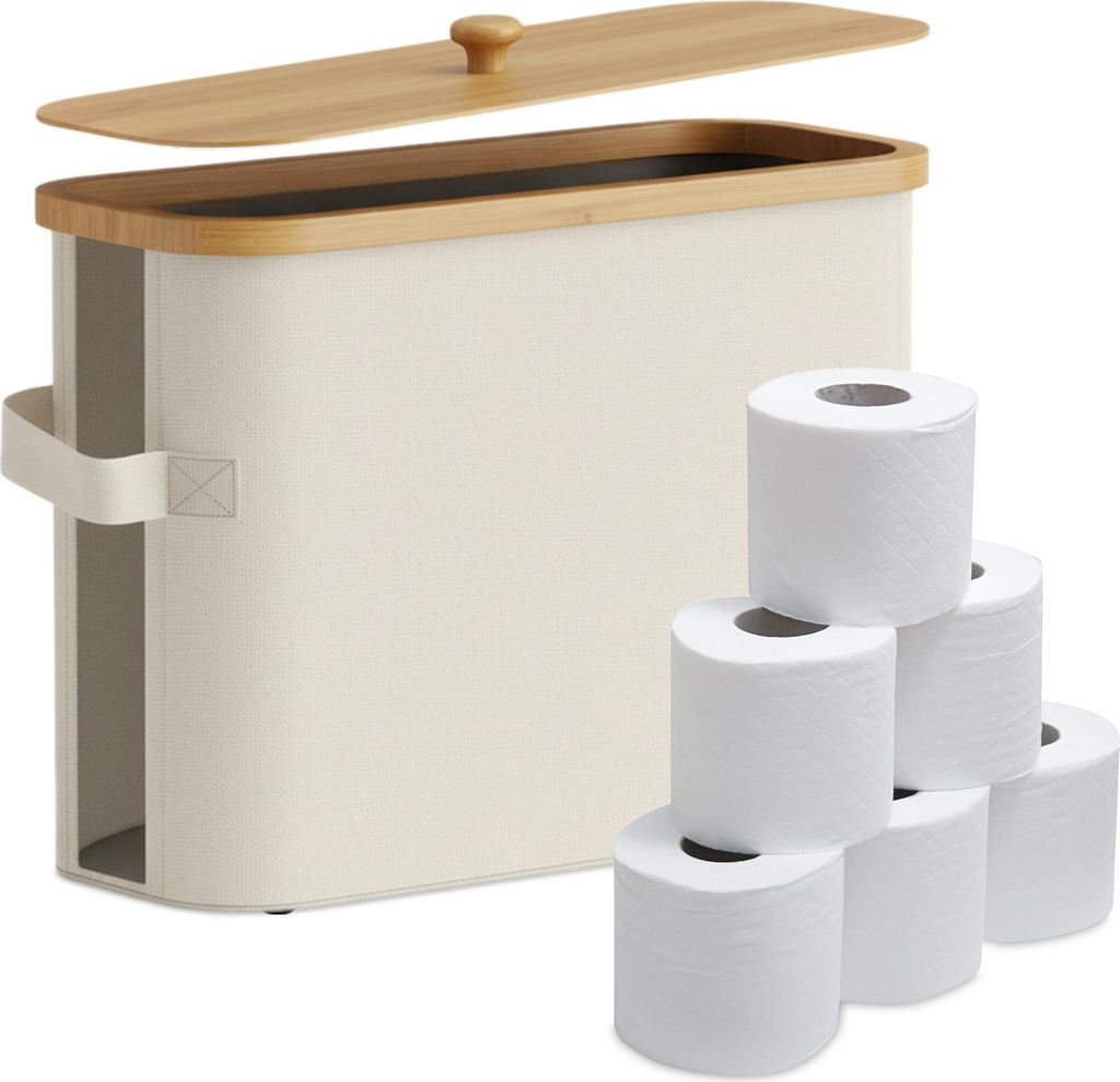 Relaxdays Toilettenpapier Aufbewahrung, 12 Rollen, HxBxT: 33 x 45 x 16 cm, Stoff, Bambus, Klopapier Korb, Vorrat, beige