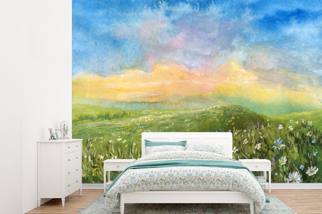 MuchoWow Fototapete für Wohnzimmer oder Schlafzimmer Wandtapete Vinyl Motivtapete Tal - Aquarell - Sommer - 385x280 cm - Wallpaper