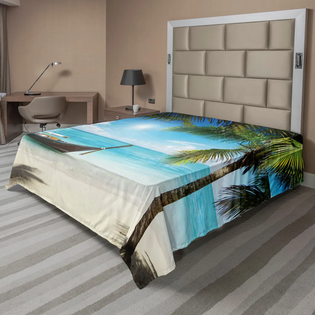 Drap de Lit Supérieur Décoratif Motif Océan et Palmiers en Vert Aqua