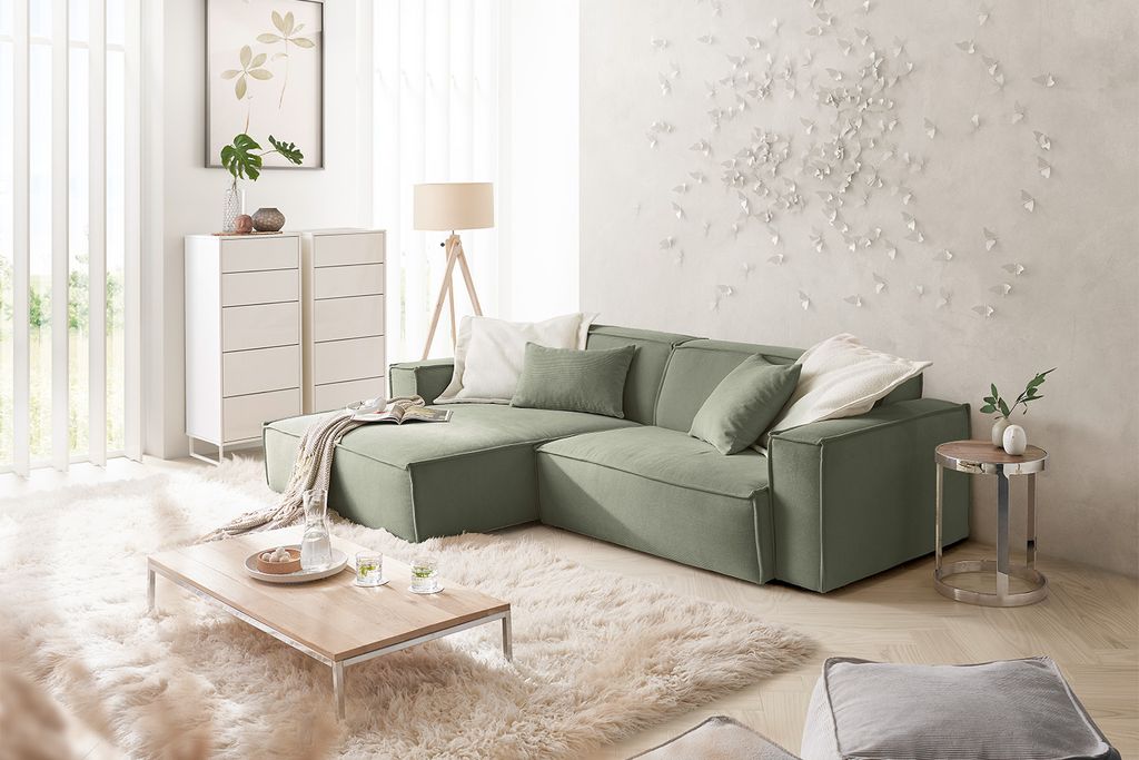 KAWOLA Sofa SAMU Ecksofa Feincord olivgrün Recamiere links