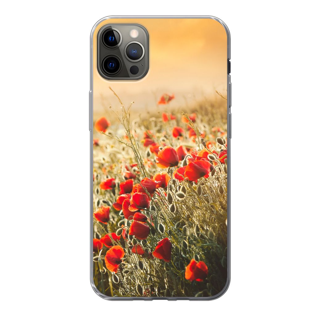 MuchoWow Handyhülle Schutzhülle Hülle für iPhone 13 Pro Max Sonnenstrahlen über einem Mohnblumenstrauß Silikon Softcase Handy Hülle - Mobi...
