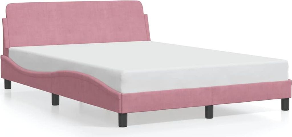 A pink bed frame with a white mattress on a white background.