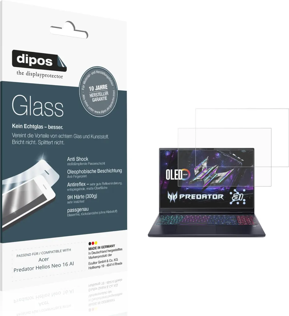 2x Pellicola Protettiva per Acer Predator Helios Neo 16 AI Protezione opaco Vetro Flessibile 9H dipos