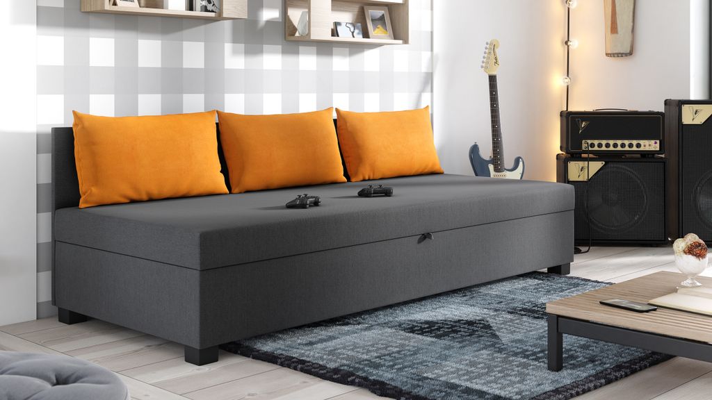 Schlafsofa Misti III - Einzelbett mit Kissen, Sofa mit Bettkasten, Bettsofa, Farbauswahl, Bettgestell, Komfortbett, Bett für Jugendzimmer, Schlafm...