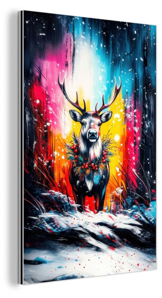 MuchoWow Wanddekoration Metall Metallbild Wandkunst 60x90 cm Rentier - Geweih - Kranz - Farbenfroh MuchoWow Aluminium Gemälde - Wandbilder - Alumi...
