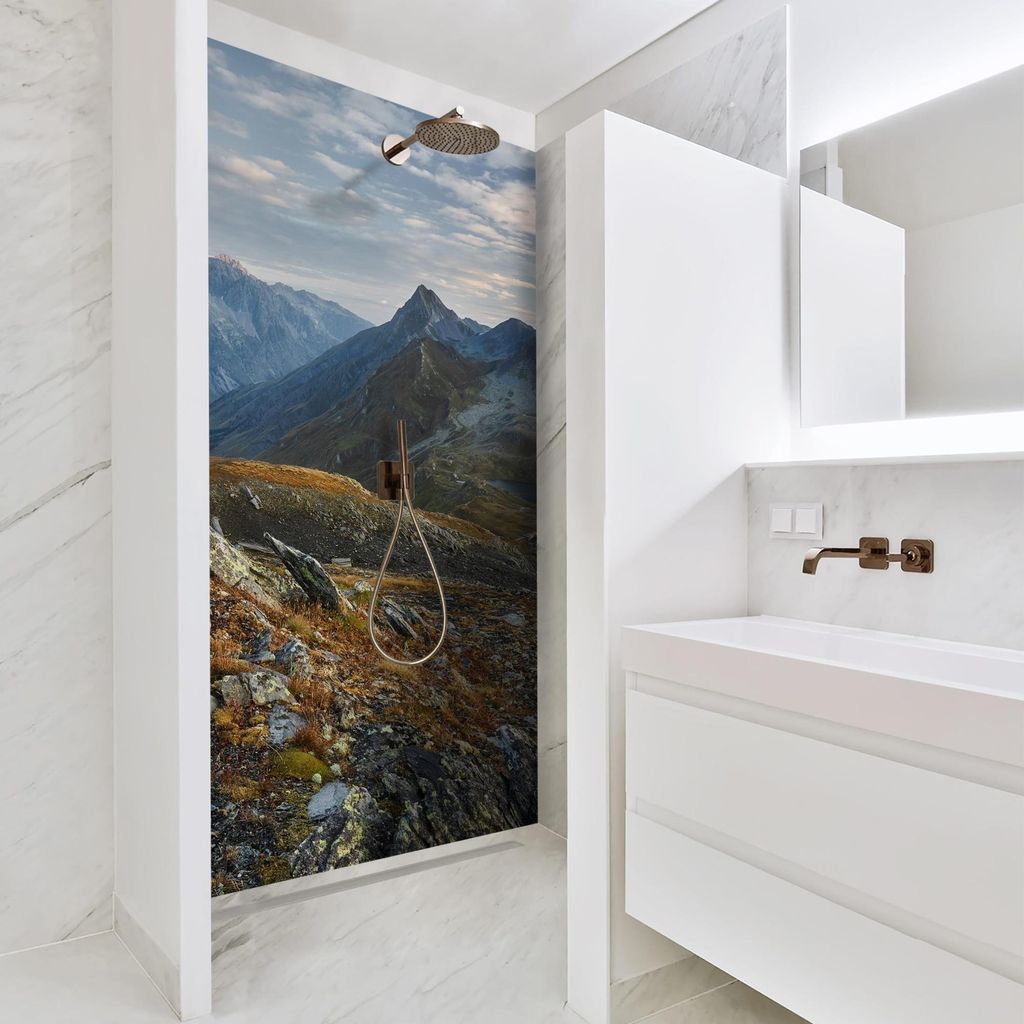 Duschrückwand Natur selbstklebend - 0.35 mm Wandpaneel wasserfest Berg blau Motiv Badrückwand fugenlos Smart matt 100x210 cm
