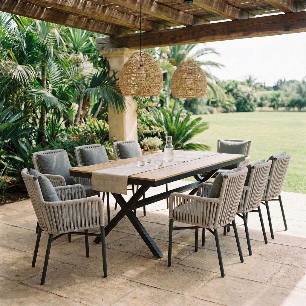 Gartenmöbel-Set AFUERA Tisch mit 8 Stühlen, Weiß/Champagner - Outdoor Essgruppe für bis zu 8 Personen, wetterfest und pflegeleicht, wasserabwei...