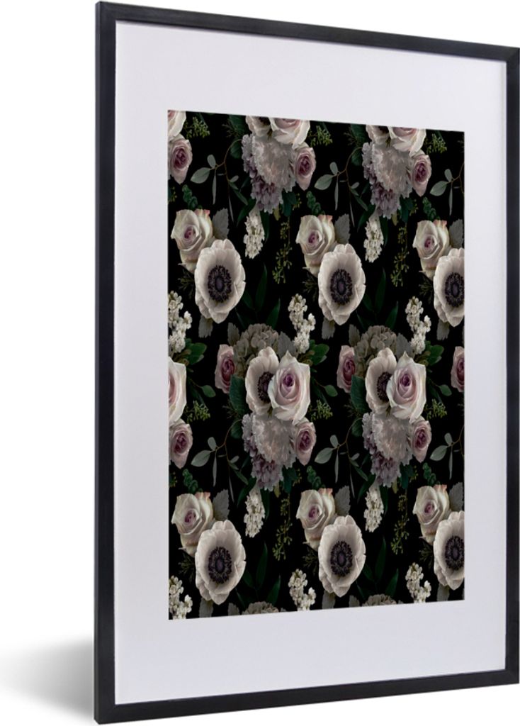 MuchoWow MuchoWow Gerahmtes Poster Blumen - Rose - Anemone 40x60 cm - Poster mit zchwarzem Bilderrahmen - Poster in Rahmen
