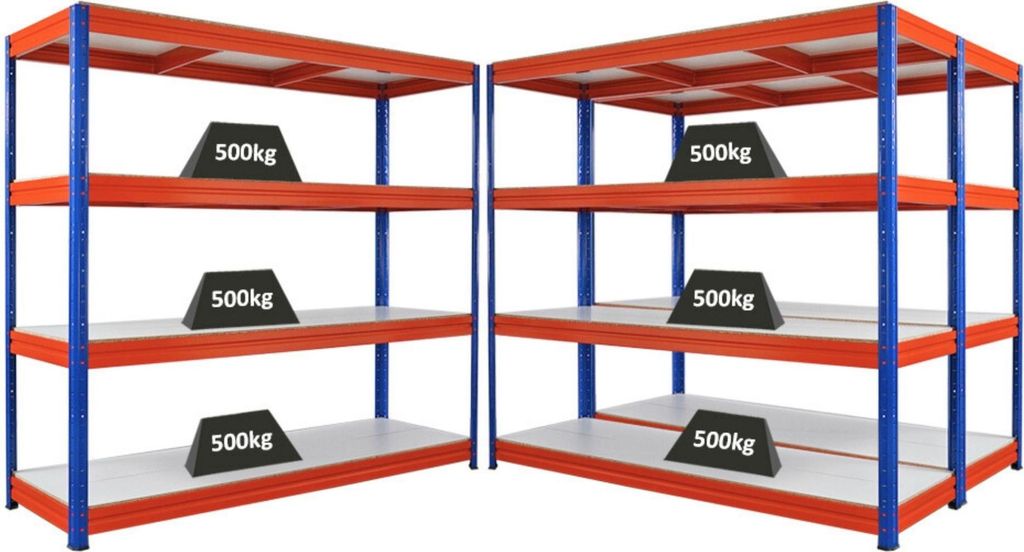 Mega Deal | 3x Schwerlastregal DINO | HxBxT 180x200x60cm | 4 Melamin-Ebenen 16mm | Fachlast 500kg | Blau/Orange