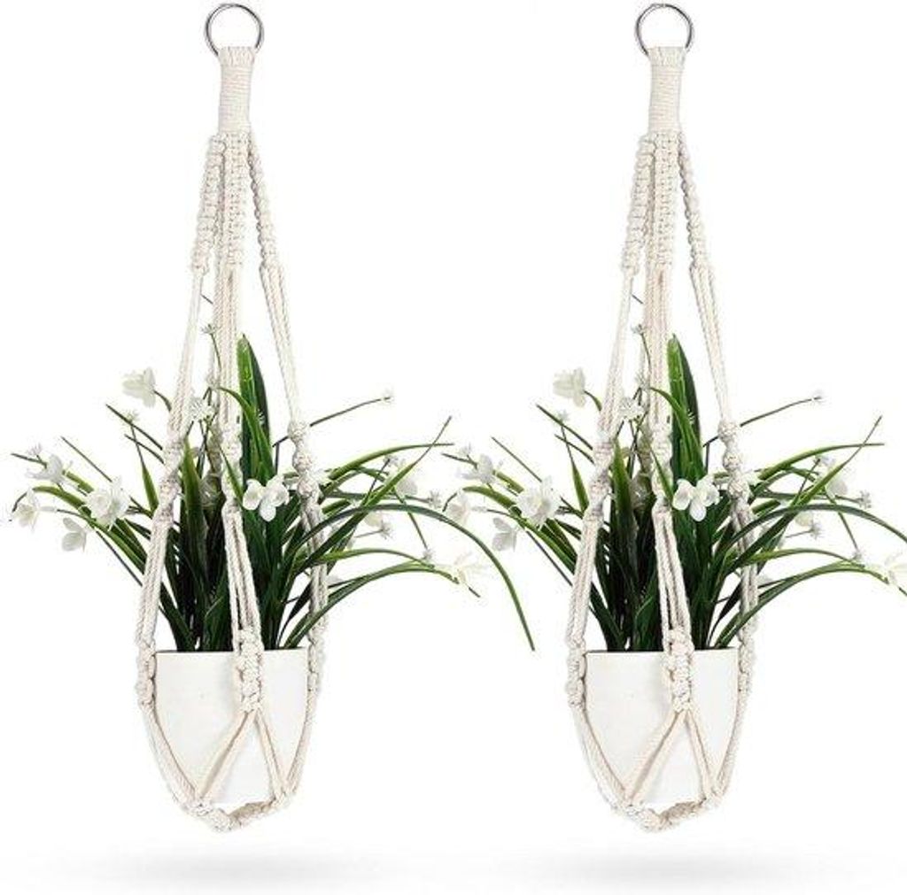 Macramé-Blumenhalter in Weiß mit Stahlringen und Handgeflochtenem Baumwollseil 50 cm