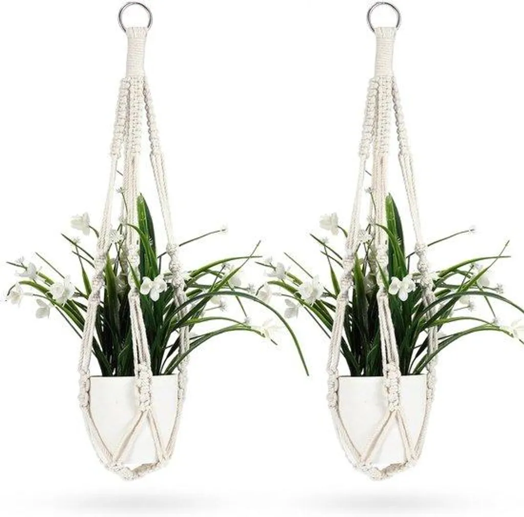 Suspension plante macramé blanc 50 cm - Support fleurs en coton tressé
