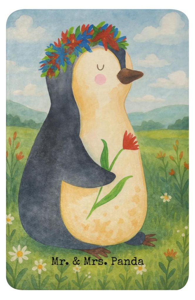Mr. & Mrs. Panda Überwurf Pinguin Blumen Design 100 x 150 cm - Weiß - Geschenk, Wunderschön, Blumenkranz, Sherpa Decke, Plüschdecke, Heimdecke,...