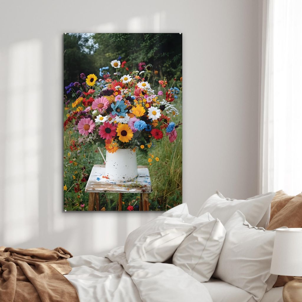 MuchoWow Glasbilder - Bilder auf Wandbild - Foto auf Glas Blumen - Hocker - Gießkanne - Feld 60x90 cm Wanddekoration aus Glas - Acrylglasbild - Ac...