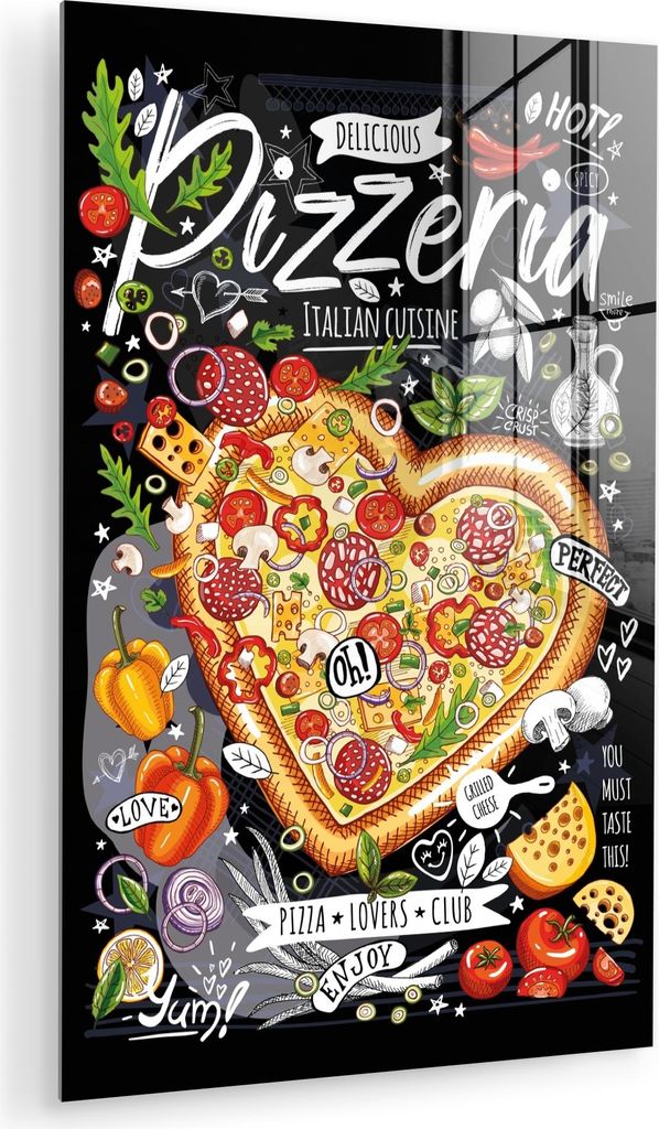 MuchoWow Glasbilder - Bilder auf Wandbild - Foto auf Glas Pizzeria - Speisekarte - Bunt - Texttafel - Illustration - Schwarz 80x120 cm Wanddekorati...
