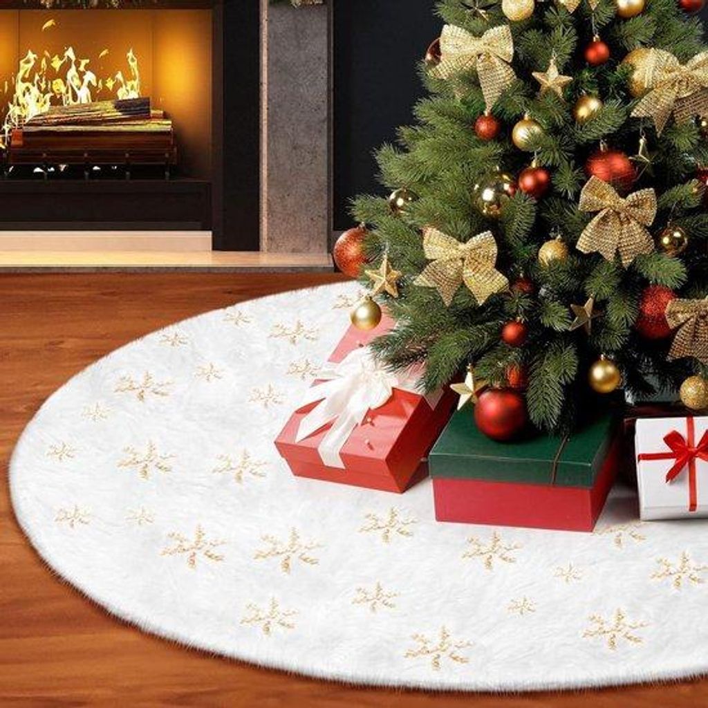 Weihnachtsbaumdecke Imitation-Pelz Weiss mit goldenen Schneeflocken - Weihnachtsdeko Baumdecke 120 cm - Neujahr Feiertagsdeko - Runde Decke für We...